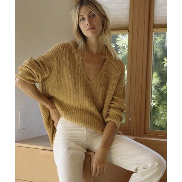 Jenni Kayne Sweaters - Jenni Kayne Mustard Color Cabin Cable Knit Fisherman Sweater Organic Cotton Sz S